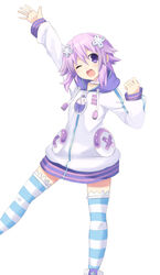  absurdres blush commentary_request d-pad d-pad_hair_ornament female hair_ornament highres hood hoodie looking_at_viewer neptune_(neptunia) neptune_(series) okamen one_eye_closed photoshop_(medium) purple_eyes purple_hair short_hair simple_background smile striped_clothes striped_thighhighs thighhighs white_background zettai_ryouiki 