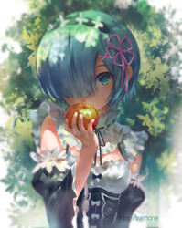  apple azomo blue_eyes blue_hair commentary detached_sleeves female food fruit hair_ornament hair_over_one_eye highres looking_at_viewer maid photoshop_(medium) re:zero_kara_hajimeru_isekai_seikatsu rem_(re:zero) roswaal_mansion_maid_uniform short_hair solo x_hair_ornament 