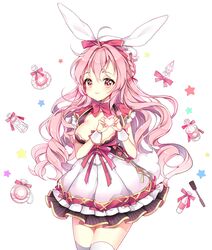  animal_ears breasts cleavage commentary fake_animal_ears female headband heart heart_hands large_breasts long_hair original pingo pink_hair rabbit_ears red_eyes solo symbol-only_commentary thighhighs white_thighhighs wrist_cuffs 