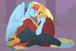  2017 anthro anthrofied applejack_(mlp) blush cuddling duo equid equine female freckles friendship_is_magic hasbro hi_res horse hug male mammal my_little_pony mythological_creature mythological_equine mythology nolycs pegasus pony rainbow_dash_(mlp) romantic romantic_couple rule_63 wings 