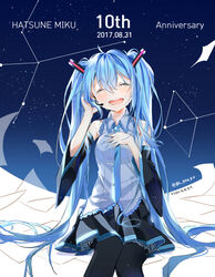  anniversary aqua_hair bad_id bad_pixiv_id black_thighhighs blush closed_eyes crying dated detached_sleeves facing_viewer female hand_on_own_chest hatsune_miku headset long_hair necktie open_mouth popuru skirt sleeveless solo tears thighhighs twintails vocaloid 