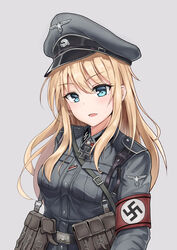  absurdres ammunition_pouch armband belt belt_pouch blonde_hair blue_eyes breast_pocket buttons commentary cross emblem epaulettes eyebrows female german_clothes germany hair_between_eyes hat highres iron_cross long_hair looking_at_viewer medal military military_hat military_uniform nazi open_mouth original peaked_cap pocket pouch reichsadler sidelocks sigrunen simple_background solo ss_insignia straight_hair strap swastika totenkopf unicron_(brous) uniform upper_body utility_belt waffen-ss white_background world_war_ii 