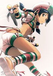  :o ass black_eyes black_hair breasts commentary_request dagger dual_wielding female grey_background hair_ornament hat highres holding holding_dagger holding_knife holding_weapon jacket knife long_hair long_sleeves looking_at_viewer looking_to_the_side navel parted_lips sandals short_shorts shorts simple_background small_breasts solo soulcalibur soulcalibur_vi talim tea_(nakenashi) weapon white_footwear white_hat white_jacket white_shorts 