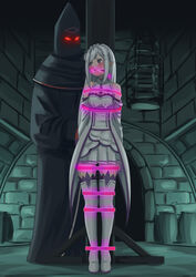  1boy absurdres bare_shoulders black_cloak bondage bondage boots bound braid breasts cage cailin020 cloak commentary_request crown_braid detached_sleeves dress elf emilia_(re:zero) female full_body gag glowing glowing_eyes grey_hair hair_ornament highres hood indoors long_hair long_sleeves looking_at_another looking_to_the_side parted_bangs pleated_skirt pointy_ears purple_eyes re:zero_kara_hajimeru_isekai_seikatsu red_eyes sidelocks skirt small_breasts standing straight thigh_boots thighhighs white_dress white_footwear white_hair white_skirt x_hair_ornament 