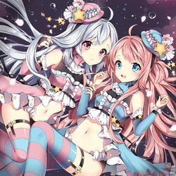  2girls blue_eyes blue_hat blue_thighhighs blush closed_mouth commentary_request detached_sleeves grey_hair hat looking_at_viewer multiple_girls navel original parted_lips pingo pink_eyes pink_hair pink_hat pink_legwear striped_clothes striped_thighhighs teeth thighhighs 