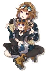  2girls aged_down animal_ears boots brown_hair children&#039;s_day commentary doughnut dual_persona eyewear_on_head food girls&#039;_frontline gloves grizzly_mkv_(girls&#039;_frontline) grizzly_mkv_(teddy_transform!)_(girls&#039;_frontline) head_on_head head_rest highres izumi4195202 jacket jewelry midriff multiple_girls necklace official_alternate_costume pantyhose purple_eyes short_hair shorts sitting sitting_on_lap sitting_on_person sunglasses white_background 