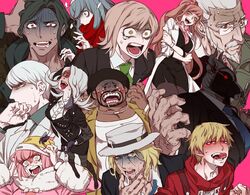  4girls 6+boys afro ando_ruruka bandai_daisaku beard black_hair blonde_hair blue_hair blush blush_stickers boater_hat braces commentary_request constricted_pupils covering_own_mouth cow_mask danganronpa_(series) danganronpa_3_(anime) dark-skinned_male dark_skin drooling facial_hair flipped_hair food formal fur-trimmed_jacket fur_trim gekkogahara_miaya glasses great_gozu green_eyes grey_hair hat izayoi_sounosuke jacket kimura_seiko kizakura_kouichi lab_coat long_hair macaron mask mitarai_ryota mouth_mask multiple_boys multiple_girls munakata_kyousuke muscular orange_hair pantyhose pink_background pink_hair ponytail red_eyes sakakura_juuzou saliva sara_(kurome1127) scarf scarf_over_mouth scrunchie shaded_face short_hair shouting simple_background smile suit surgical_mask sweat syringe tears tengan_kazuo tongue tongue_out turn_pale unworn_mask veins white_hair wrestling_mask yukizome_chisa 