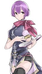  aiueo1234853 bad_id bad_twitter_id book commentary cowboy_shot dress female fire_emblem fire_emblem:_new_mystery_of_the_emblem grey_eyes highres holding holding_book katarina_(fire_emblem) open_book purple_hair short_hair short_sleeves simple_background solo thighhighs white_background zettai_ryouiki 