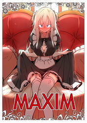  @_@ absurdres ahoge black_dress blonde_hair blue_eyes blush breasts bural_chingu center_opening cleavage commentary cover dress fake_magazine_cover female garter_straps highres korean_commentary large_breasts luke_(dydansgur) magazine_cover maxim original park_noah sitting skirt_hold sweatdrop thighhighs torn_clothes torn_legwear two_side_up wavy_mouth 