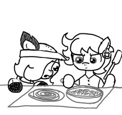  clothing cooking duo ear_piercing earth_pony emerald_jewel_(colt_quest) equid equine fan_character feathers female feral ficficponyfic food hasbro hat headgear headwear horse male mammal monochrome my_little_pony piercing pony ruby_rouge_(colt_quest) semi-anthro simple_background young young_feral 