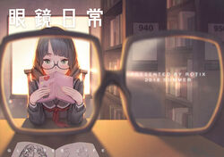  2018 artist_name backlighting black-framed_eyewear black_serafuku blurry blurry_foreground blush book bookshelf brown_hair chair chromatic_aberration commentary_request covering_own_mouth day depth_of_field drawing english_text expressionless eyewear_view female fingernails glasses green_eyes heart holding holding_book indoors library long_sleeves looking_at_viewer medium_hair neckerchief on_chair open_book original parted_bangs pov pov_across_table red_neckerchief rotix school_uniform semi-rimless_eyewear serafuku shade shadow sketching solo sunlight table upper_body window 