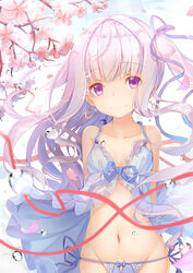  blue_ribbon blush breasts cleavage closed_mouth collarbone commentary_request earrings female gotou_jun hair_ribbon highres jewelry long_hair looking_at_viewer medium_breasts navel purple_eyes ribbon smile solo tatapopo tenshi_no_3p! twintails water_drop white_hair 