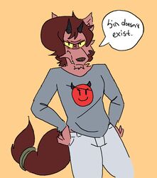  anthro avoid_posting bottomwear canid canine clothing demon dialogue doopcity english_text furry_satan hands_on_hips mammal orange_background pants shirt simple_background solo t-shirt text topwear yellow_sclera 