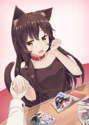  absurdres animal_ears bare_shoulders belt_collar blush book book_stack borrowed_character breasts brown_hair cat_ears cat_tail collar collarbone commentary_request commission female highres hiratsuka_shizuka holding_hands light_blush long_hair looking_at_another medium_breasts oerba_yun_fang off-shoulder_shirt off_shoulder original out_of_frame pov pov_hands red_collar shiromao shirt solo_focus tail yahari_ore_no_seishun_lovecome_wa_machigatteiru. yellow_eyes yuigahama_yui yukinoshita_yukino 