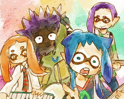  3boys blue_hair commentary_request drumsticks faux_traditional_media female guitar ichiya_(splatoon) ikkan_(splatoon) instrument keyboard_(instrument) lowres multiple_boys murasaki_(splatoon) namida_(splatoon) orange_hair pointy_ears purple_hair smile spiked_hair splatoon_(series) splatoon_1 sweater tentacle_hair yzykz 