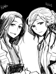  2girls :d agatha_e_rights bad_id bad_pixiv_id character_name character_request greyscale holding hongcha_(roels) lab_coat looking_at_viewer monochrome multiple_girls newspaper open_mouth parted_lips scp_foundation short_hair simple_background smile upper_body white_background 