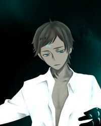  1boy antenna_hair bad_id bad_pixiv_id black_background black_hair blue_eyes collarbone dark-skinned_male dark_skin facial_mark hongcha_(roels) lowres male_focus mechanical_arms open_clothes open_shirt parted_lips prosthesis prosthetic_arm scp-073 scp_foundation shirt simple_background single_mechanical_arm solo upper_body white_shirt 