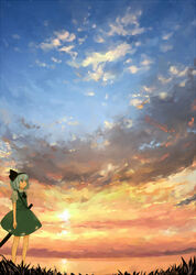  ascot black_ascot black_hairband blue_eyes bow closed_mouth cloud commentary_request female fisheye green_shirt green_vest grey_hair hairband hairbow horizon konpaku_youmu kuma_panda looking_ahead outdoors puffy_short_sleeves puffy_sleeves scenery sheath sheathed shirt short_hair short_sleeves skirt skirt_set sky solo standing sunset sword touhou vest weapon white_shirt wide_shot 