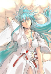  arm_up blue_hair character_doll commentary_request female fujiwara_no_mokou japanese_clothes kamishirasawa_keine kimono kuriyama5422 long_hair looking_away lying no_headwear on_bed parted_lips solo touhou white_kimono yukata 