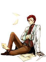  1boy arm_support bad_id bad_pixiv_id bandages belt black_necktie brown_footwear brown_pants bruise burnt cast character_request gloves gun_sling hongcha_(roels) injury lab_coat male_focus necktie pants paper red_hair scp_foundation shoes sitting solo white_background white_gloves 