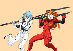  2girls ayanami_rei bident blue_eyes bodysuit brown_hair carrying carrying_over_shoulder commentary_request lance_of_longinus_(evangelion) long_hair multiple_girls neon_genesis_evangelion open_mouth over_shoulder plugsuit polearm red_eyes rx92 short_hair simple_background souryuu_asuka_langley sweatdrop tan_background two_side_up weapon weapon_over_shoulder white_bodysuit 