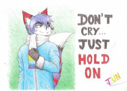  anthro biped black_body black_fur blue_body blue_fur blue_hair canid canine clothed clothing dipstick_ears ear_markings ear_piercing english_text eyelid_piercing facial_piercing fox front_view fur furgonomics furry-specific_piercing hair jacket jun_(jun_rasenfox) jun_rasenfox lip_piercing looking_aside male mammal multicolored_ears muzzle_piercing nose_piercing piercing pupils raised_tail red_body red_fur scarf simple_background slit_pupils smile solo standing stripes tail text topwear white_body white_fur 