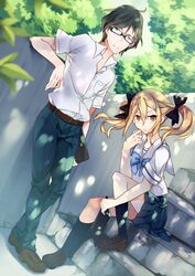  1boy bad_id bad_pixiv_id blonde_hair blue_eyes bow bowtie brown_hair female glasses hairbow hidaka_subaru highres koujiro_frau kureaki_(exit) loafers outdoors robotics;notes school_uniform serafuku shoes short_hair tablet_pc twintails yellow_eyes 