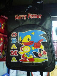  backpack bag barack_obama harry_potter harry_potter_(series) no_humans photo_(medium) real_life sonic_(series) sonic_the_hedgehog sonic_the_hedgehog_(classic) what wizarding_world 