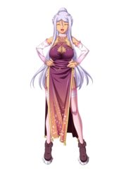  boots breasts china_dress chinese_clothes cleavage cleavage_cutout closed_eyes clothing_cutout detached_sleeves dress female full_body garter_belt hands_on_own_hips highres hikage_eiji koihime_musou kougai large_breasts long_hair official_art open_mouth ponytail silver_hair smile solo standing thighhighs transparent_background very_long_hair 