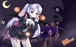  2015 artist_name bat_wings breasts candy cleavage commentary_request crescent_moon eden_(sennen_sensou_aigis) female food garter_straps glowing glowing_eyes halloween hat highres jack-o&#039;-lantern lantern leaning_forward looking_at_viewer maid maid_headdress moon natsumiya_yuzu pale_skin pointing pointing_up pointy_ears red_eyes sennen_sensou_aigis signature skeleton small_breasts staff thighhighs twintails vampire wings witch_hat zettai_ryouiki 