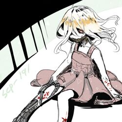  arm_support bad_id bad_pixiv_id bare_shoulders blonde_hair character_name collarbone cyborg dress female hair_over_one_eye hongcha_(roels) long_hair looking_at_viewer red_dress red_eyes scp-191 scp_foundation shirt sitting solo sundress white_shirt 