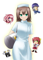  2boys 2girls baka_to_test_to_shoukanjuu brown_hair camera chibi commentary_request crossover green_eyes himeji_mizuki kinoshita_hideyoshi makishima_rin mechazawa_shin&#039;ichi mini_person miniboy minigirl multiple_boys multiple_girls nurse otoko_no_ko photoshop_(medium) robot sakigake!!_cromartie_koukou school_uniform shimada_minami short_hair tsuchiya_kouta 