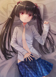  bed_sheet black_hair blue_skirt blush breasts breasts_apart closed_mouth collared_shirt commentary_request female long_hair looking_at_viewer lying masamune_shizuru navel noble_works on_back open_clothes open_shirt pillow plaid plaid_skirt red_eyes rurukuru shirt skirt sleeves_past_wrists small_breasts smile solo twintails very_long_hair white_shirt wing_collar 