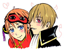  1boy blue_eyes blush brown_hair chinese_text commentary_request couple female gintama hakuno_shigeru heart horns kagura_(gintama) okita_sougo orange_hair photoshop_(medium) red_eyes simple_background smile straight 