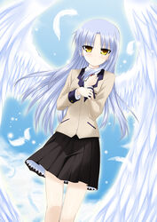  angel_beats! blazer blue_hair commentary_request feathers female jacket long_hair makishima_rin photoshop_(medium) school_uniform skirt solo tachibana_kanade wings yellow_eyes 