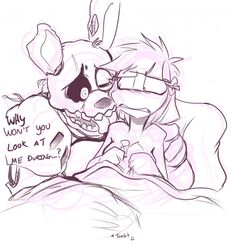  ? after_sex animatronic anthro bed blush breasts dialog english_text female female_human five_nights_at_freddy&#039;s hair human human_on_anthro humor kayla-na licking long_ears male nude open_mouth question rabbit robot short_hair sitting springtrap springtrap_(fnaf) straight text tongue_out video_games 