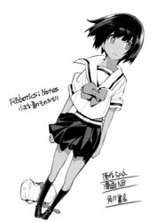  bad_id bad_pixiv_id bow bowtie copyright_name daitoku_junna dutch_angle female greyscale highres monochrome nb_(63549) open_mouth robotics;notes school_uniform serafuku short_hair solo tan translation_request 