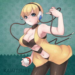  bad_id bad_pixiv_id bare_shoulders blonde_hair blue_eyes breasts character_name choker cleavage elesa_(pokemon) female headphones holding holding_poke_ball large_breasts midriff navel pantyhose poke_ball poke_ball_(basic) pokemon pokemon_bw rocb short_hair solo 