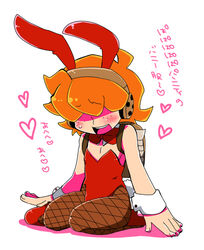  1boy amazu_(tokyo) animal_ears blush bow bowtie brief_(psg) commentary_request crossdressing fishnet_pantyhose fishnets freckles hair_over_eyes headphones male_focus male_playboy_bunny official_style orange_hair panty_&amp;_stocking_with_garterbelt pantyhose playboy_bunny rabbit_ears rabbit_tail solo tail translated wrist_cuffs 