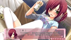  drink drunk female game_cg green_eyes karasuba_yukari kobuichi necklace red_hair shorts side_ponytail solo tenshinranman thighhighs translation_request white_legwear 