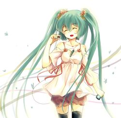  bad_id bad_pixiv_id closed_eyes digital_media_player earbuds earphones female flower green_hair hair_flower hair_ornament hatsune_miku long_hair simple_background single_earphone_removed smile solo thighhighs twintails very_long_hair vocaloid zhao_shuwen 