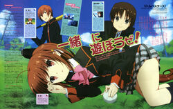  2boys 4boys :o absurdres animage baseball baseball_bat blazer blue_sky bow bowtie day female field grass highres jacket kneehighs little_busters! little_busters!_school_uniform long_hair long_sleeves magazine_scan multiple_boys naoe_riki natsume_kyousuke natsume_rin official_art outdoors parted_lips pink_bow pink_bowtie plaid plaid_skirt scan school_uniform skirt sky smile socks talking very_long_hair yoshida_yuuko_(animator) 