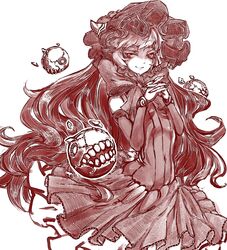  abyssal_ship bow commentary_request female frills gothic_lolita headdress horns isolated_island_oni kantai_collection kumauwo lolita_fashion long_hair monochrome red_eyes shaded_face smile wavy_hair 