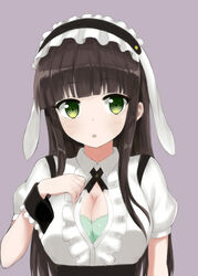  :o alternate_costume animal_ears black_hairband blush bra breasts brown_hair center_frills cleavage collared_shirt commentary cross_tie fake_animal_ears female fleur_de_lapin_uniform floppy_ears frilled_cuffs frilled_hairband frilled_shirt frills gochuumon_wa_usagi_desu_ka? green_bra green_eyes hairband highres large_breasts lolita_hairband long_hair looking_at_viewer maid_headdress parted_lips partially_unbuttoned puffy_short_sleeves puffy_sleeves purple_background rabbit_ears shirt short_sleeves sidelocks simple_background solo ujimatsu_chiya underbust underwear upper_body white_shirt wing_collar wrist_cuffs xingnai 