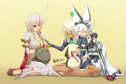  3girls ahoge ankh arc_system_works biting blush bodysuit boots breasts bunny_ears candy cleavage closed_eyes clover clueless cross_necklace dark_skin dress elphelt_valentine fingerless_gloves four-leaf_clover gloves guilty_gear guilty_gear_xrd guilty_gear_xrd:_revelator indian_style jack-o_(guilty_gear) jack-o_valentine jewelry large_breasts leggings lollipop long_hair lucifero multicolored_hair multiple_girls open_mouth platinum_blonde ramlethal_valentine re_2n red_eyes red_hair school_uniform shiny shiny_clothes shiny_hair shiny_skin shoes short_hair silver_hair simple_background sitting smile spiked_bracelet spiked_collar spikes thigh_boots tongue tongue_out translation_request wariza white_hair yellow_background 