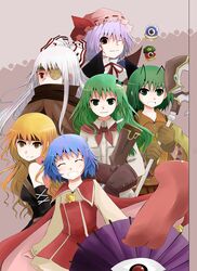  6+girls ^_^ alternate_costume arano_oki ashley_winchester ashley_winchester_(cosplay) bare_shoulders bayonet blonde_hair blue_hair brad_evans brad_evans_(cosplay) brown_eyes cape closed_eyes commentary_request cosplay crossover eyepatch fujiwara_no_mokou gloves green_eyes green_hair grey_background hair_ornament hair_ribbon hairpin hat highres hijiri_byakuren hong_meiling izayoi_sakuya kanon_(wild_arms_2) kanon_(wild_arms_2)_(cosplay) karakasa_obake kochiya_sanae lilka_eleniak lilka_eleniak_(cosplay) long_hair marivel_armitage marivel_armitage_(cosplay) md5_mismatch multiple_girls oil-paper_umbrella one_eye_closed parody purple_hair purple_umbrella red_eyes remilia_scarlet resolution_mismatch ribbon scarf shirt short_hair simple_background smile source_smaller tatara_kogasa tim_rhymeless tim_rhymeless_(cosplay) tongue touhou trait_connection umbrella wand weapon white_hair wild_arms wild_arms_2 wriggle_nightbug 