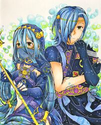  1boy azura_(fire_emblem) azura_(performing_arts)_(fire_emblem) blue_hair book commentary_request dress elbow_gloves female fire_emblem fire_emblem_fates fire_emblem_heroes gloves holding holding_book jewelry long_hair looking_at_viewer mother_and_son mouth_veil necklace shigure_(fire_emblem) shigure_(performing_arts)_(fire_emblem) shiratsu_(white-seaside) short_hair smile veil yellow_eyes 