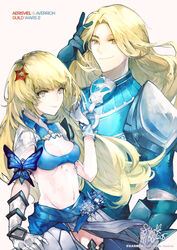  1boy arm_armor armor armored_dress bad_id bad_pixiv_id bikini_armor blonde_hair blue_flower breasts bug butterfly cleavage cleavage_cutout clothing_cutout collar dress female flower full_armor gloves guild_wars_(series) guild_wars_2 hair_flower hair_ornament highres long_hair looking_at_viewer navel pact_commander_(guild_wars_2) photoshop_(medium) red_flower shoulder_armor simple_background small_breasts smile syolk 