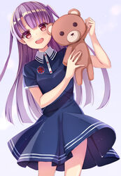  :d ayase_rin_(raramagi) bad_id bad_pixiv_id blue_dress blunt_bangs blush collared_dress commentary_request cowboy_shot dress female gradient_background holding holding_stuffed_toy leaning_to_the_side long_hair open_mouth purple_hair raramagi red_eyes rurukuru short_sleeves smile solo stuffed_animal stuffed_toy teddy_bear two_side_up very_long_hair wing_collar 