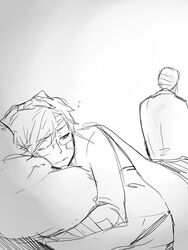  2boys bad_id bad_pixiv_id bandages bandaid bandaid_on_face bed blanket character_request glasses greyscale half-closed_eyes hongcha_(roels) looking_back male_focus monochrome multiple_boys pillow scp_foundation sleepy waking_up 